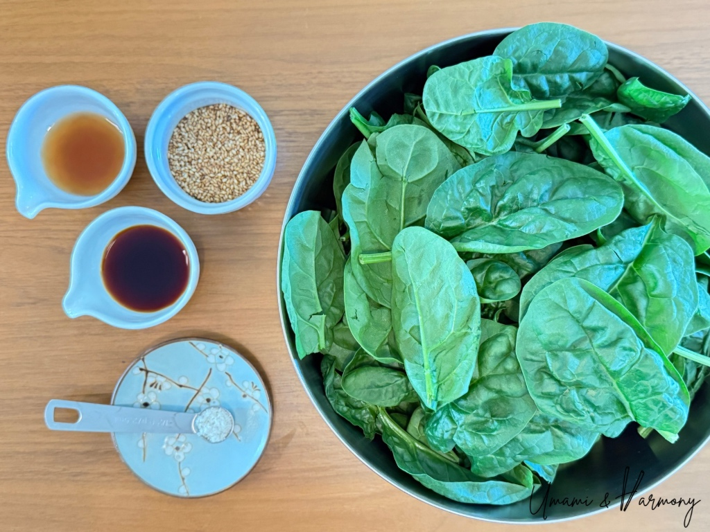 Ingredients for goma-ae: spinach, maple syrup, sesame seeds, soy sauce, and salt