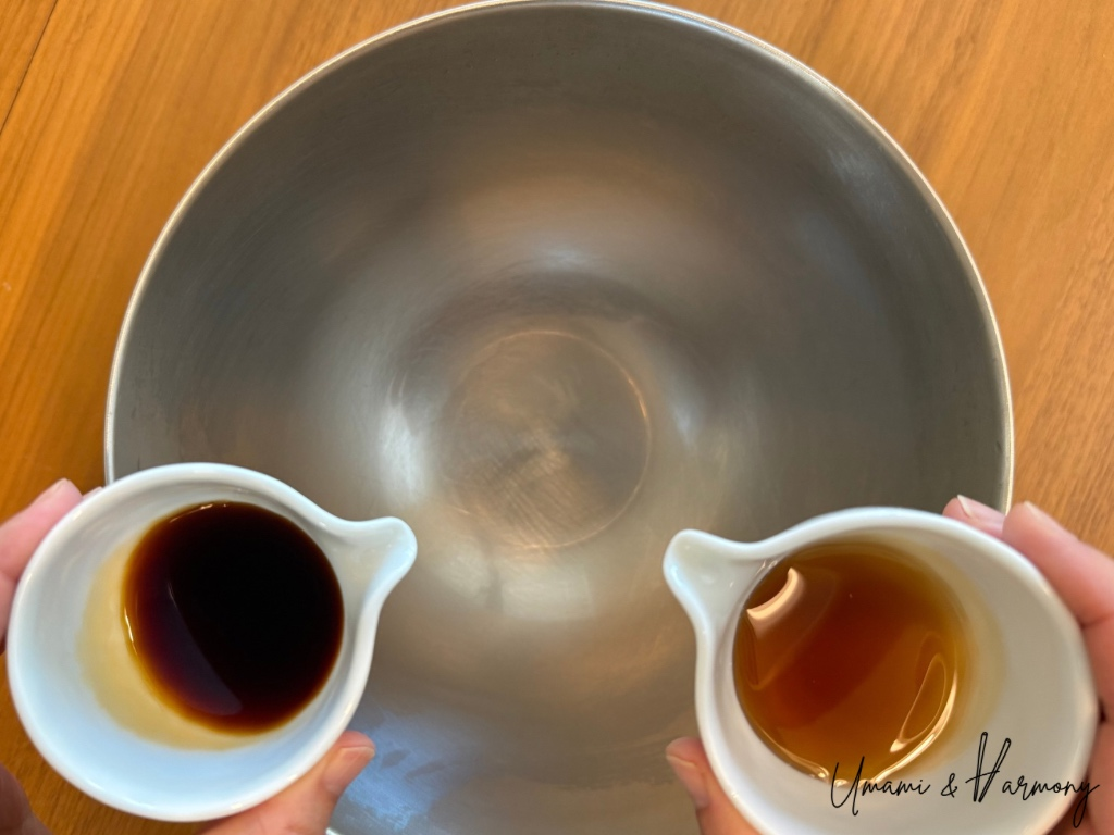 Soy sauce and maple syrup being poured into a mixing bowl
