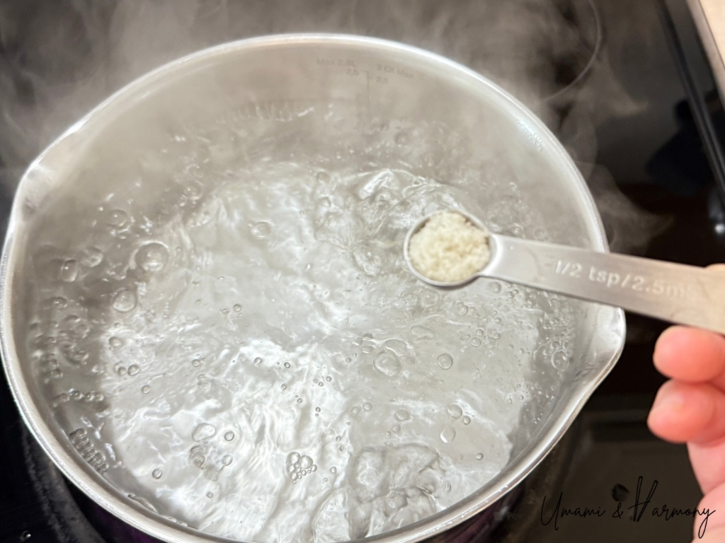 Boiling pot of water with salt being added
