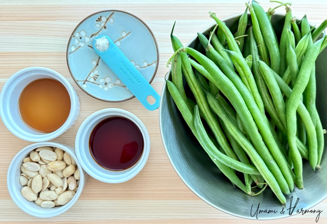 Ingredients for Green Beans with Peanut Sauce, green beans, salt, soy sauce, maple, peanuts.