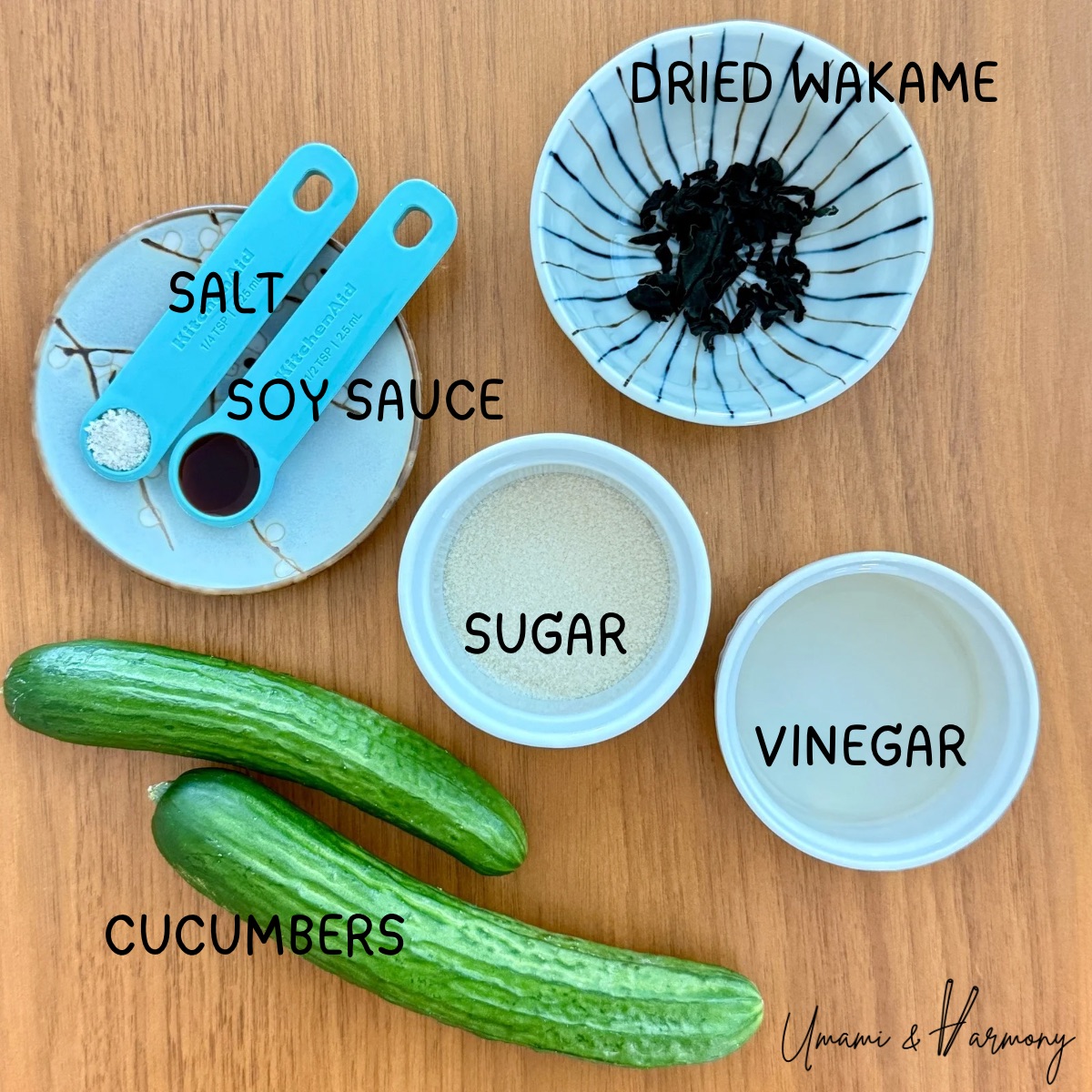 Ingredients for Easy Japanese Cucumber Salad, dried wakame, salt, soy sauce, sugar, vinegar and cucumbers