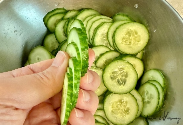 Showing thinly sliced cucumbers
