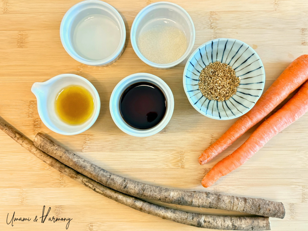 Ingredients for Kinpira Gobo: sake, sugar, sesame seeds, soy sauce, oils, carrots, and burdock root
