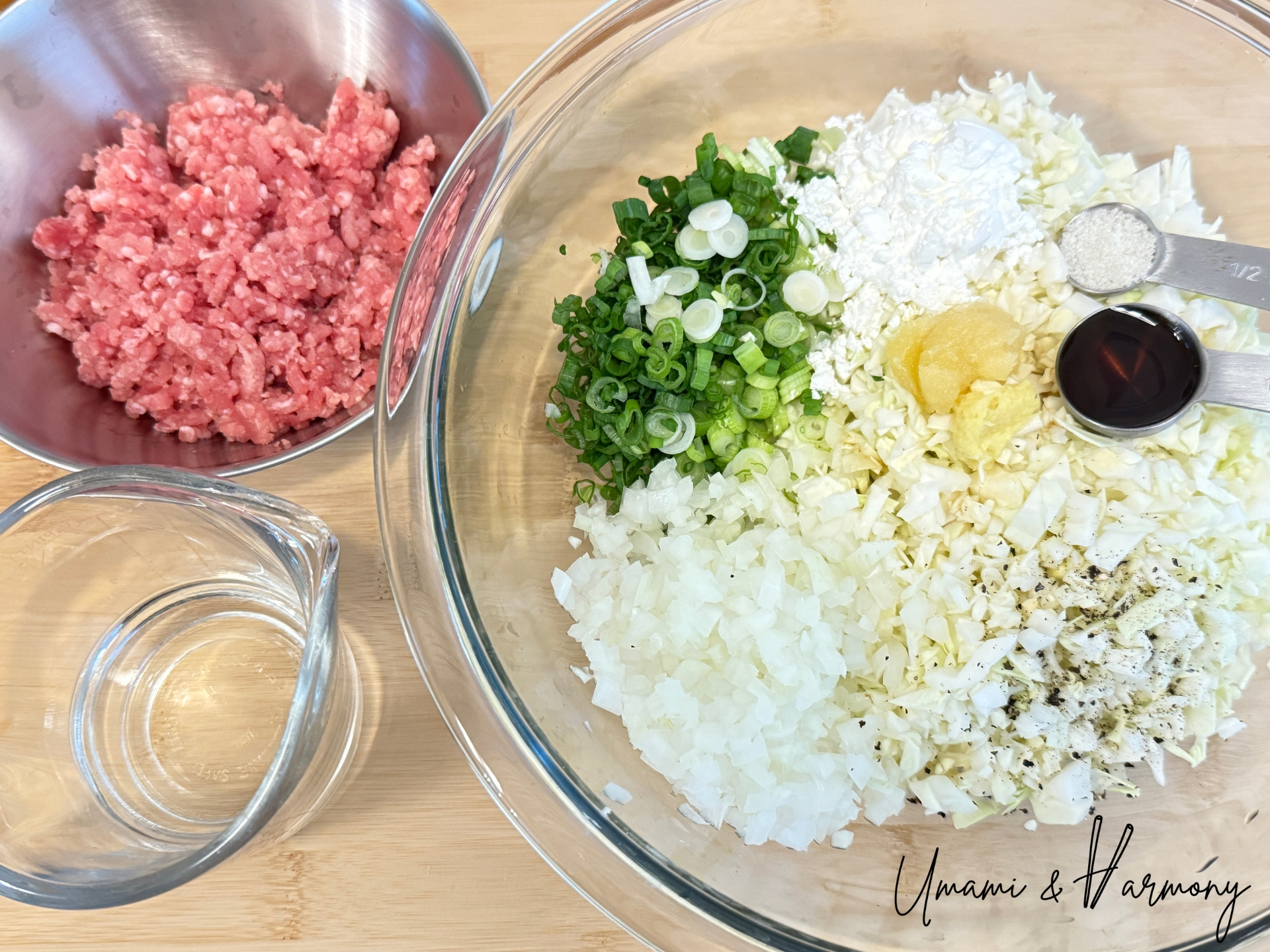 Chopped vegetables, ground pork, and seasonings prepared for gyoza