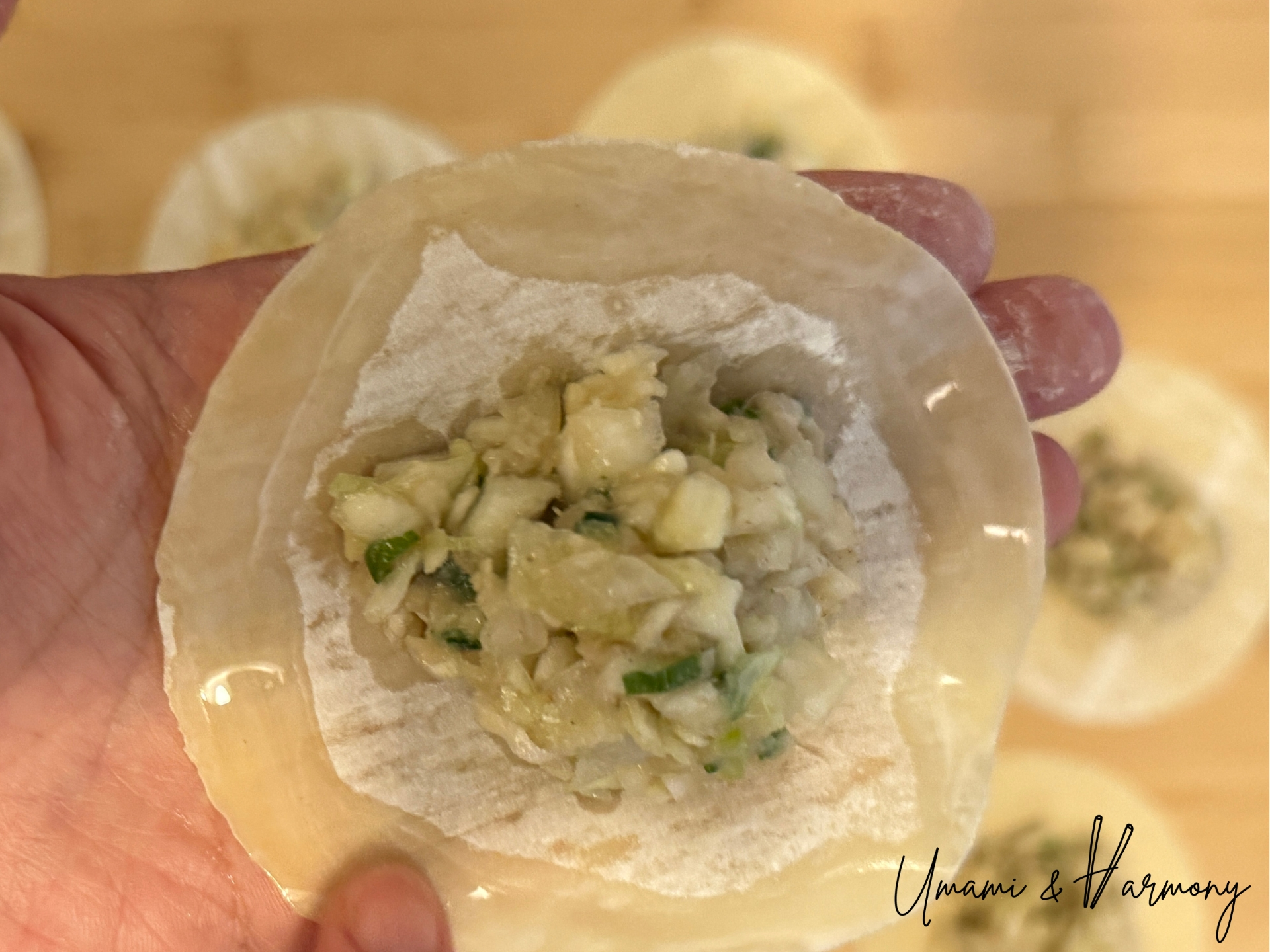 Wetting gyoza wrapper edges with a finger before folding