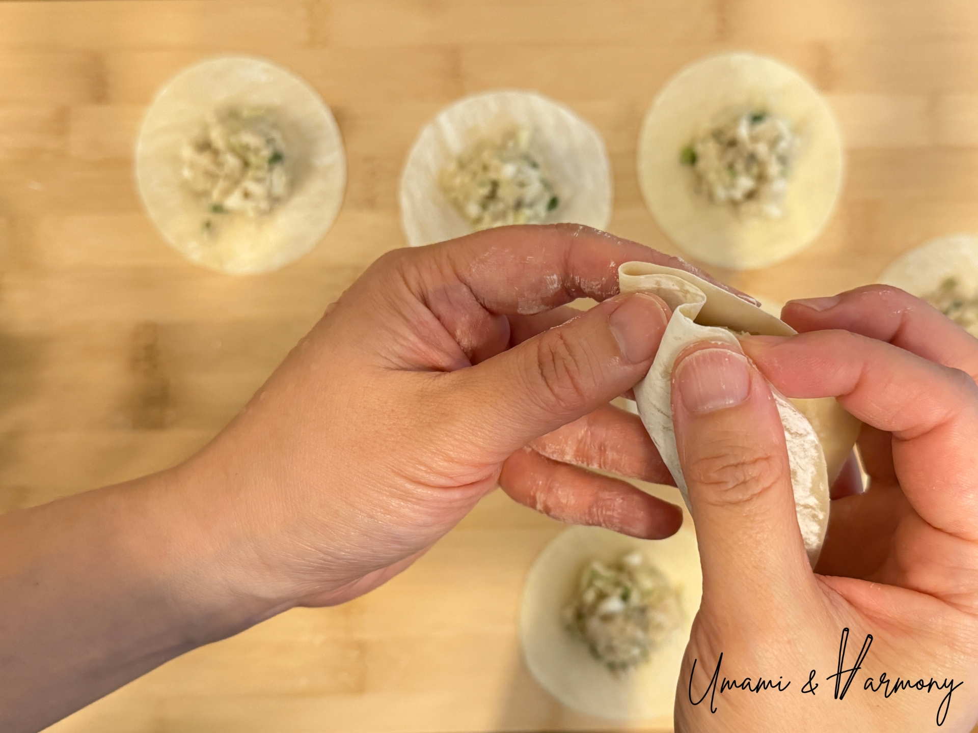 Making the first pleat on a gyoza wrapper
