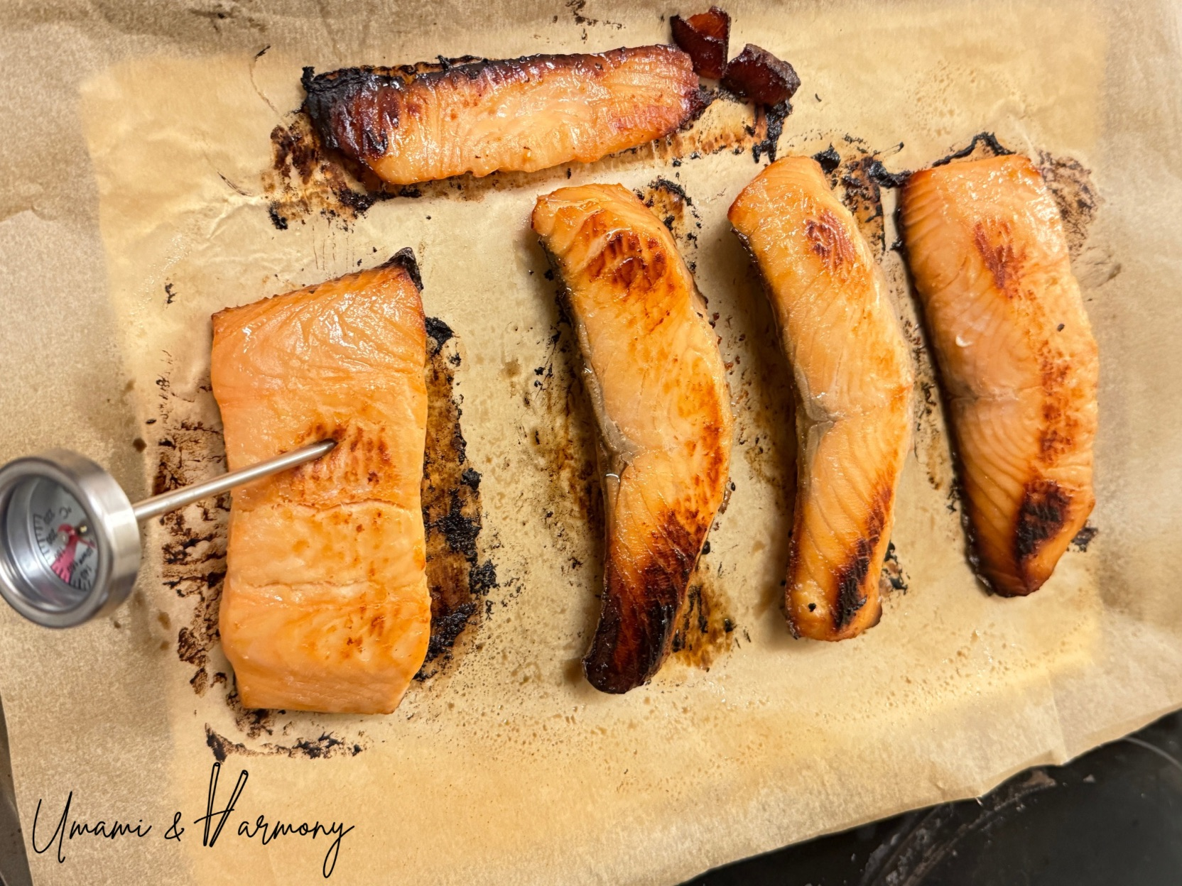 Baked miso salmon fillets on oven pan with thermometer in one fillet