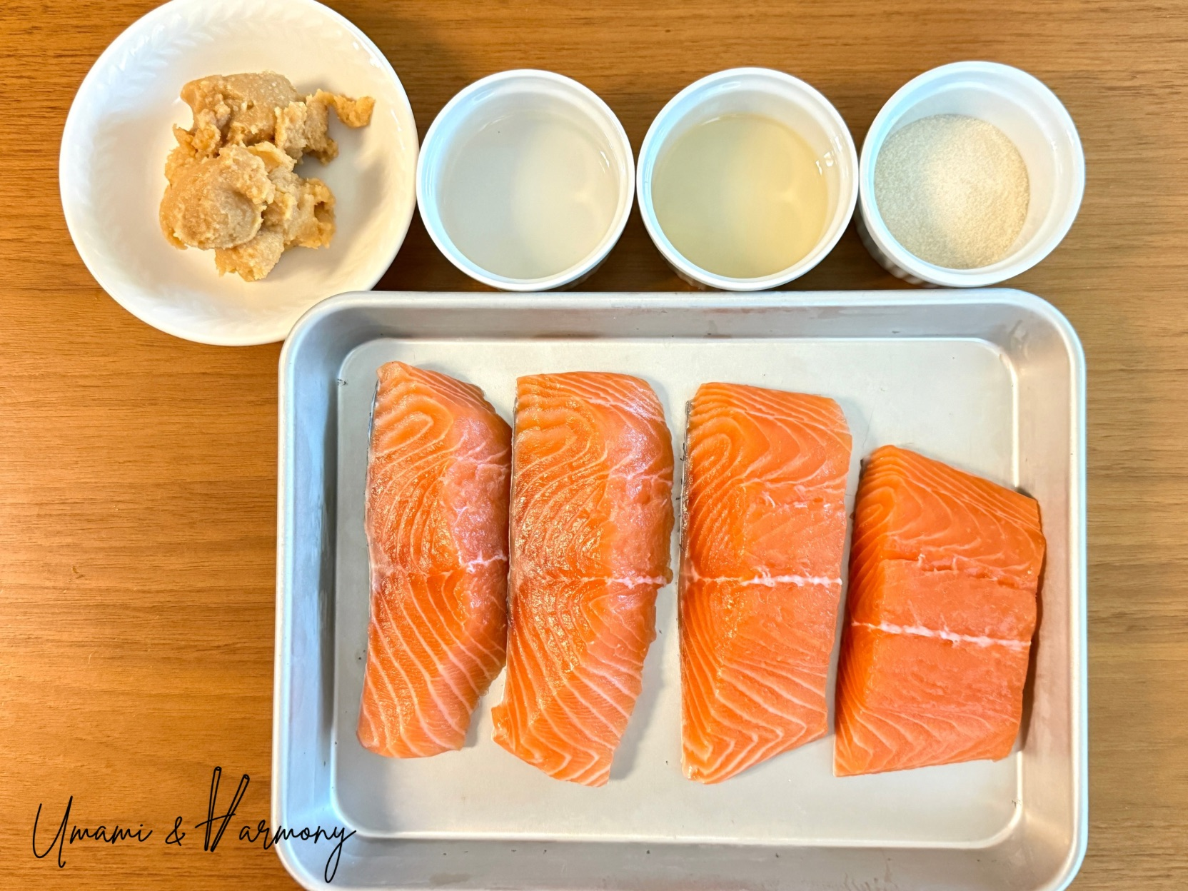 Ingredients for miso salmon: salmon fillets, miso, sake, mirin, cane sugar