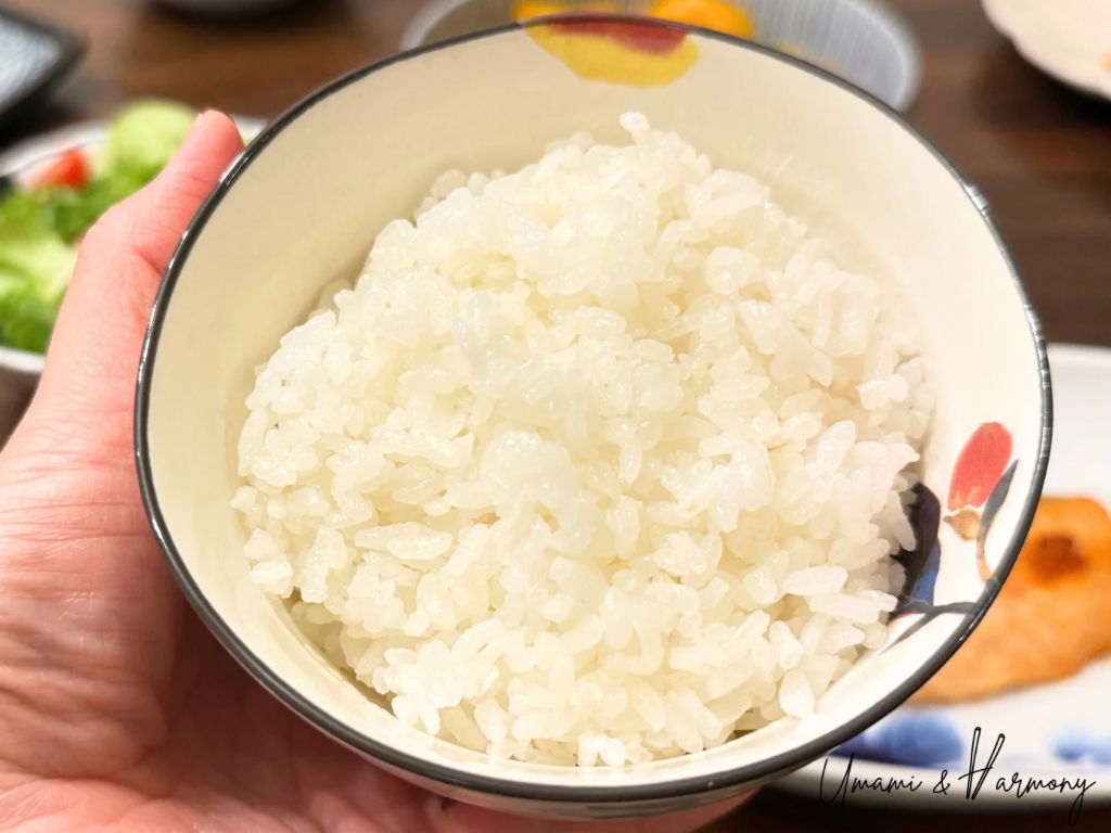 Cooked sushi rice served in a rice bowl, held by a hand