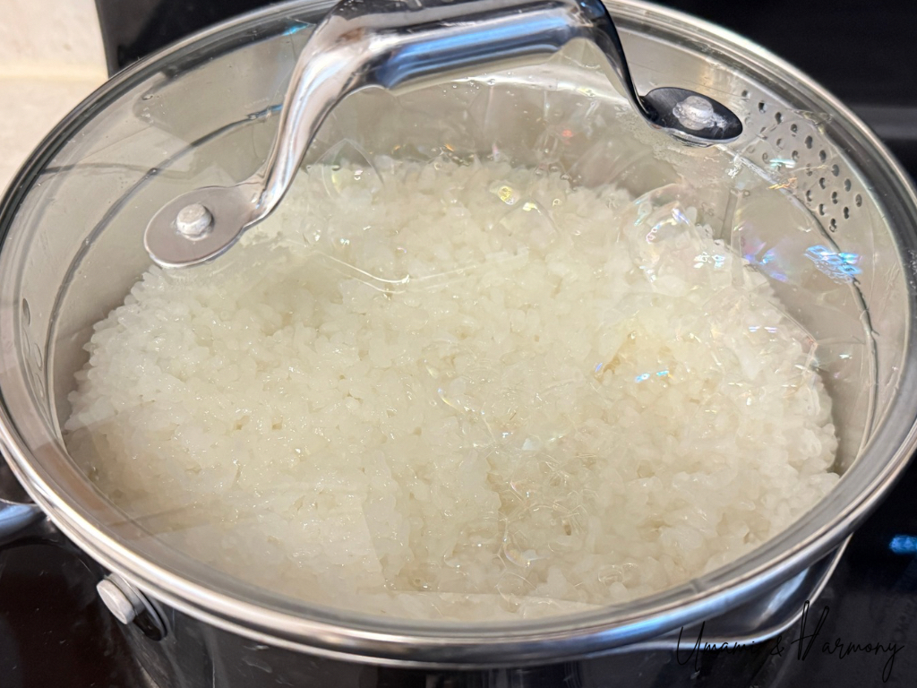 Cooking sushi rice in a pot with most water absorbed
