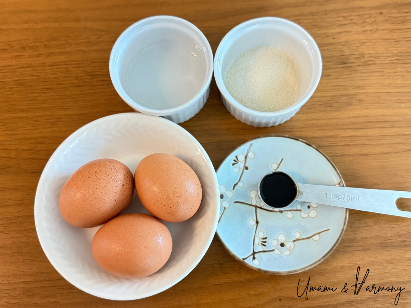 Tamagoyaki ingredients: eggs, sugar, water, soy sauce