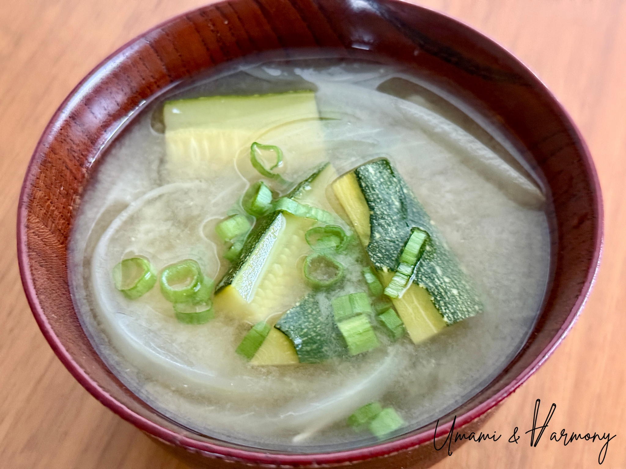 Zucchini miso soup served in a traditional owan bowl