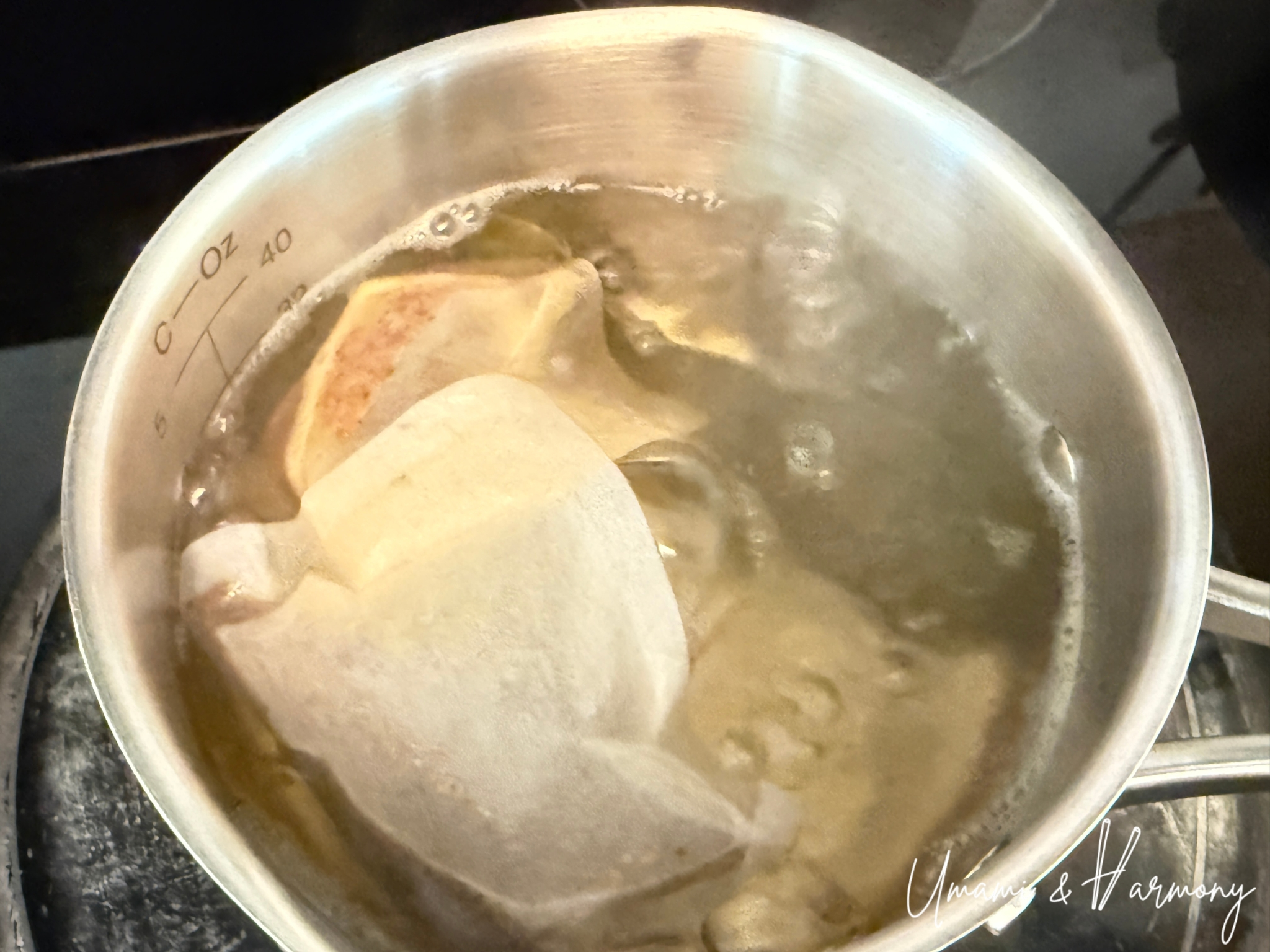 Dashi packs simmering in a pot of water