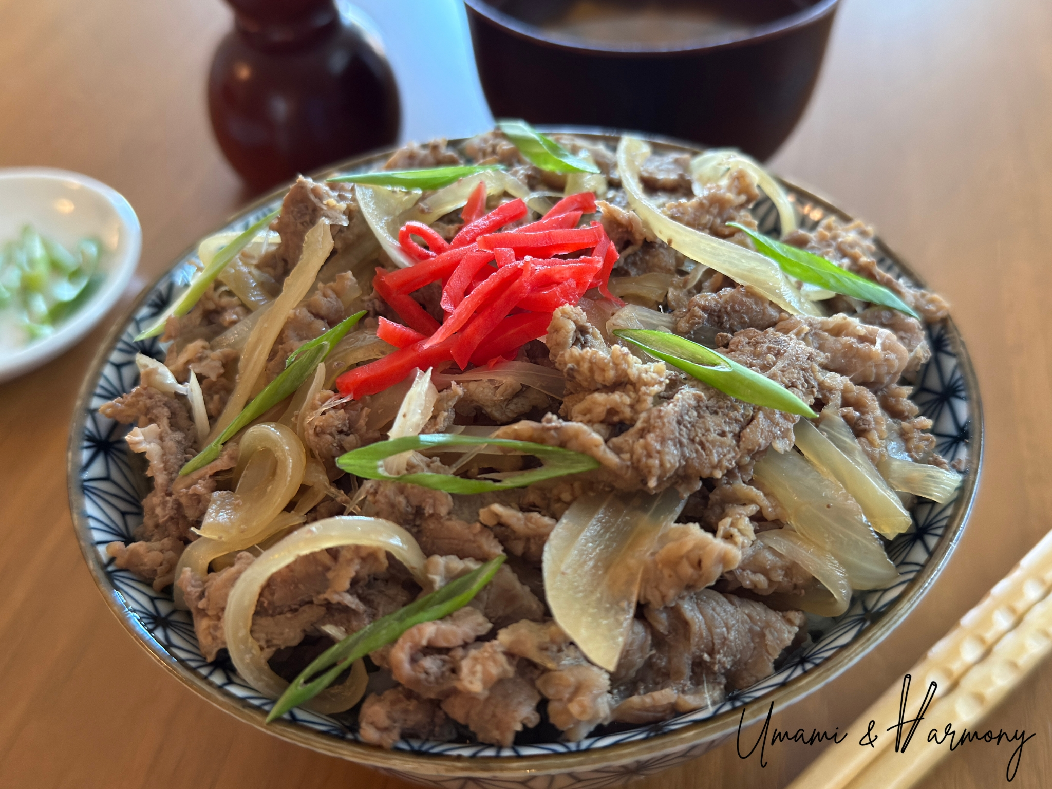 Gyudon served in a donburi bowl topped with pickled red ginger and green onion 