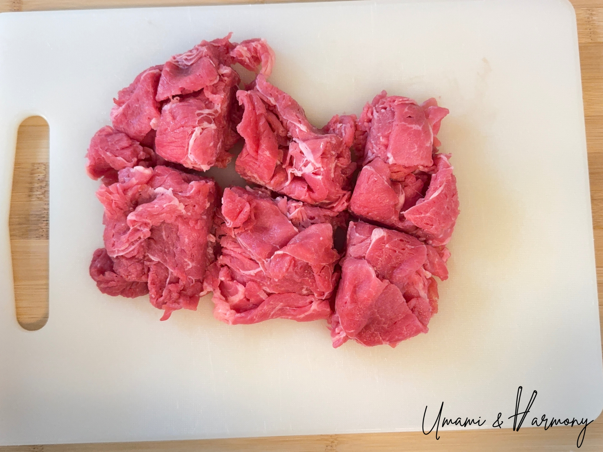 Shaved beef steak cut into two-inch pieces for Gyudon