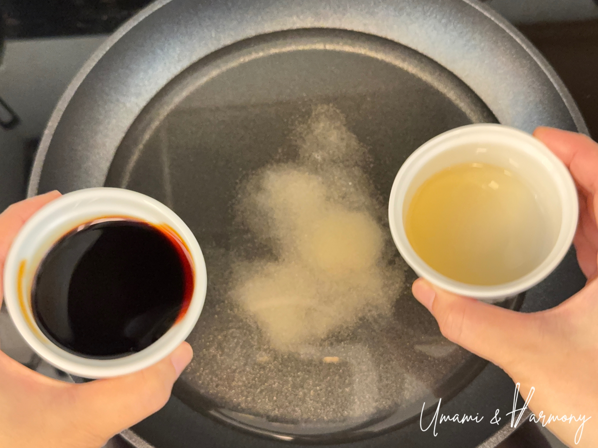 Combining sauce ingredients—water, sugar, soy sauce, mirin, and sake—in a skillet