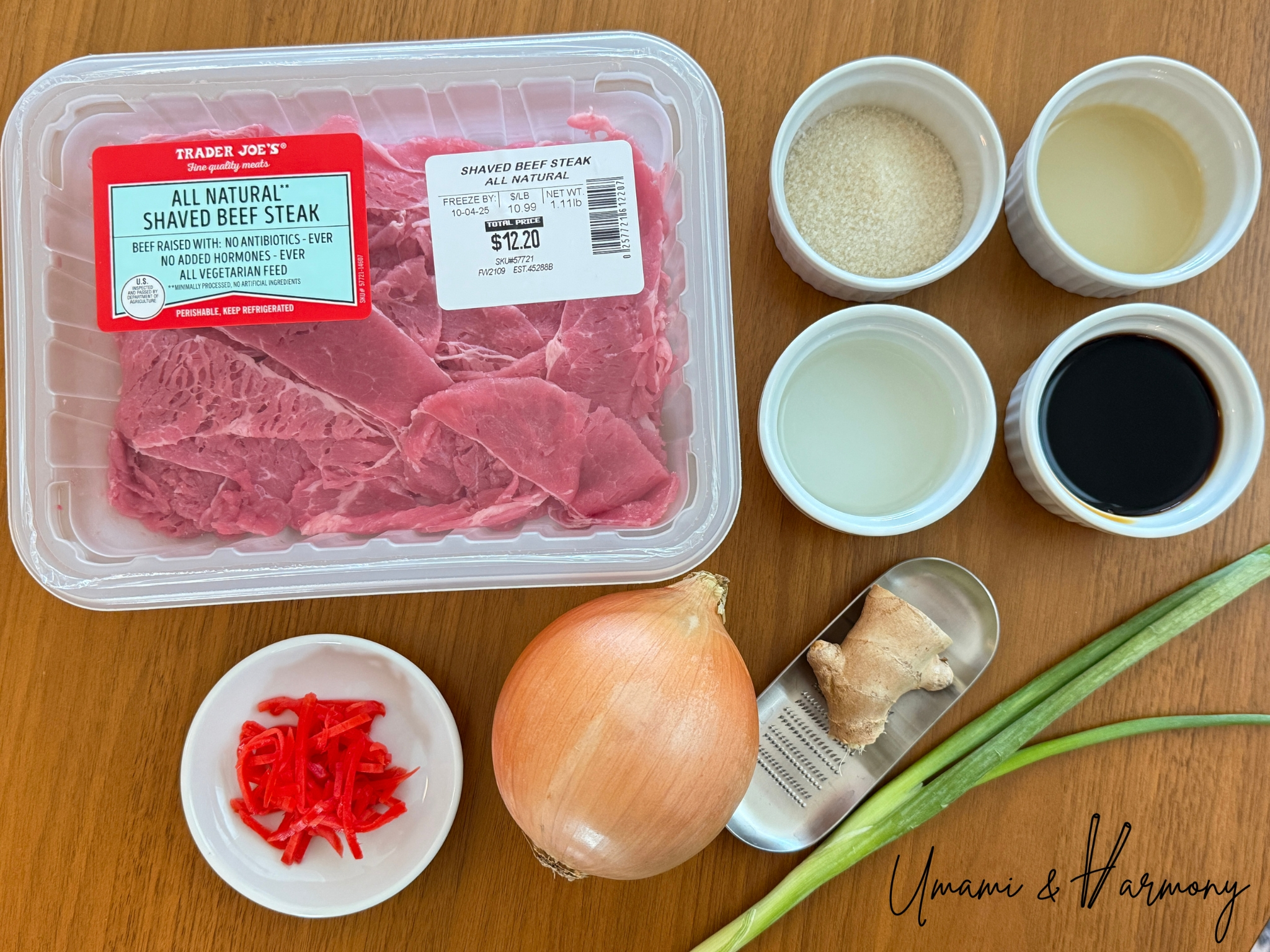 Ingredients for Gyudon: shaved beef steak, pickled red ginger, onion, sugar, mirin, sake, soy sauce, ginger, and green onion