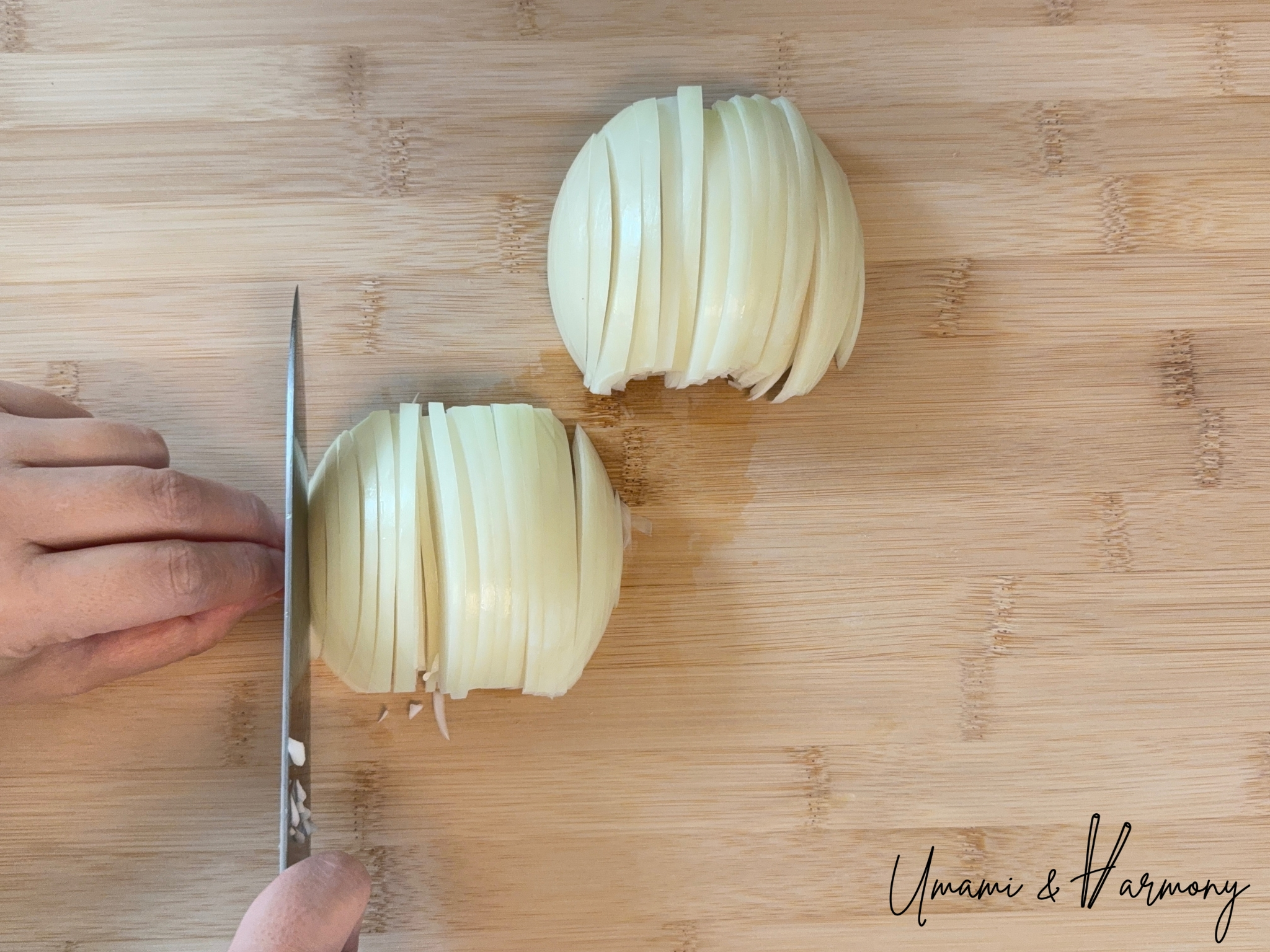 Slicing an onion on a cutting board for Gyudon