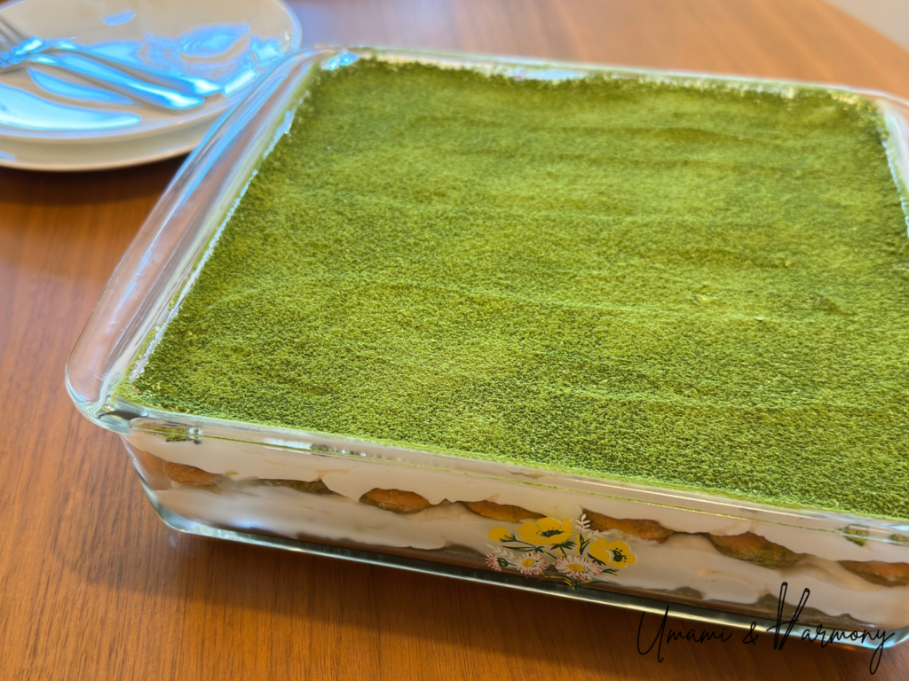 Completed Matcha Tiramisu topped with matcha powder