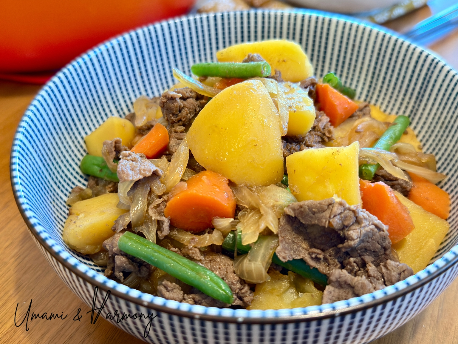Nikujaga Japanese beef and potato stew served in a bowl
