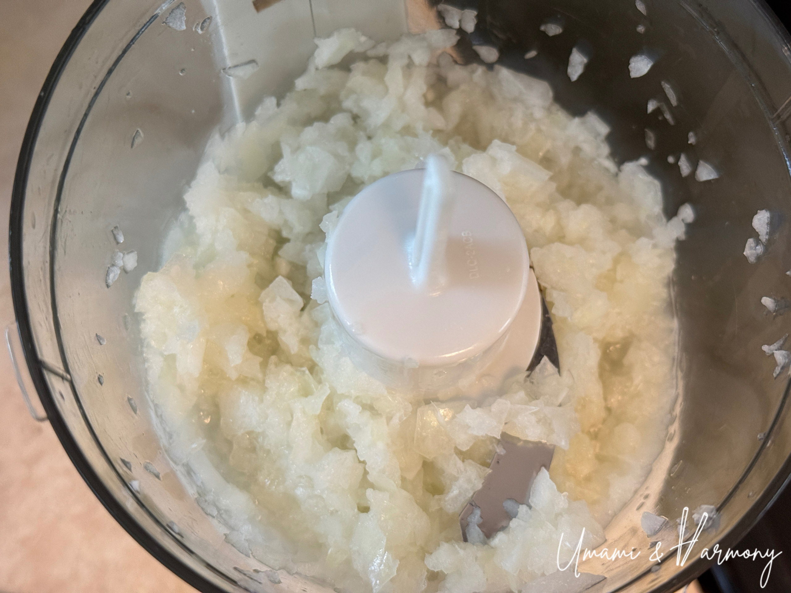 Chopping onion and garlic in a food processor for Japanese onion dressing