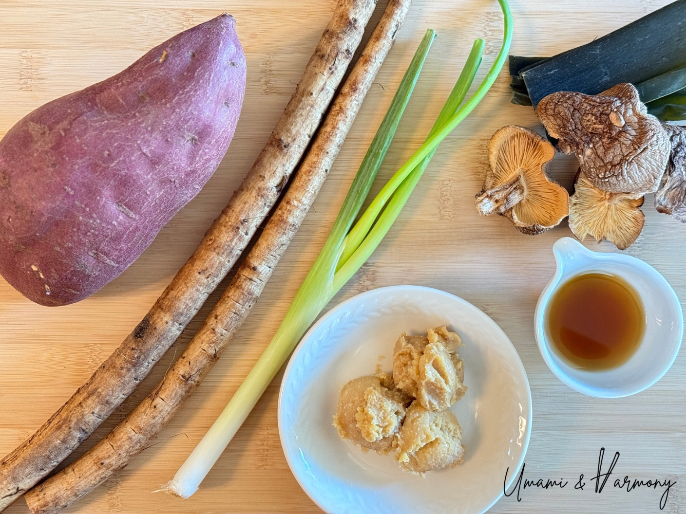 Ingredients for vegan miso soup: Japanese sweet potato, burdock, green onion, dried shiitake mushroom, kombu kelp, miso, and roasted sesame oil