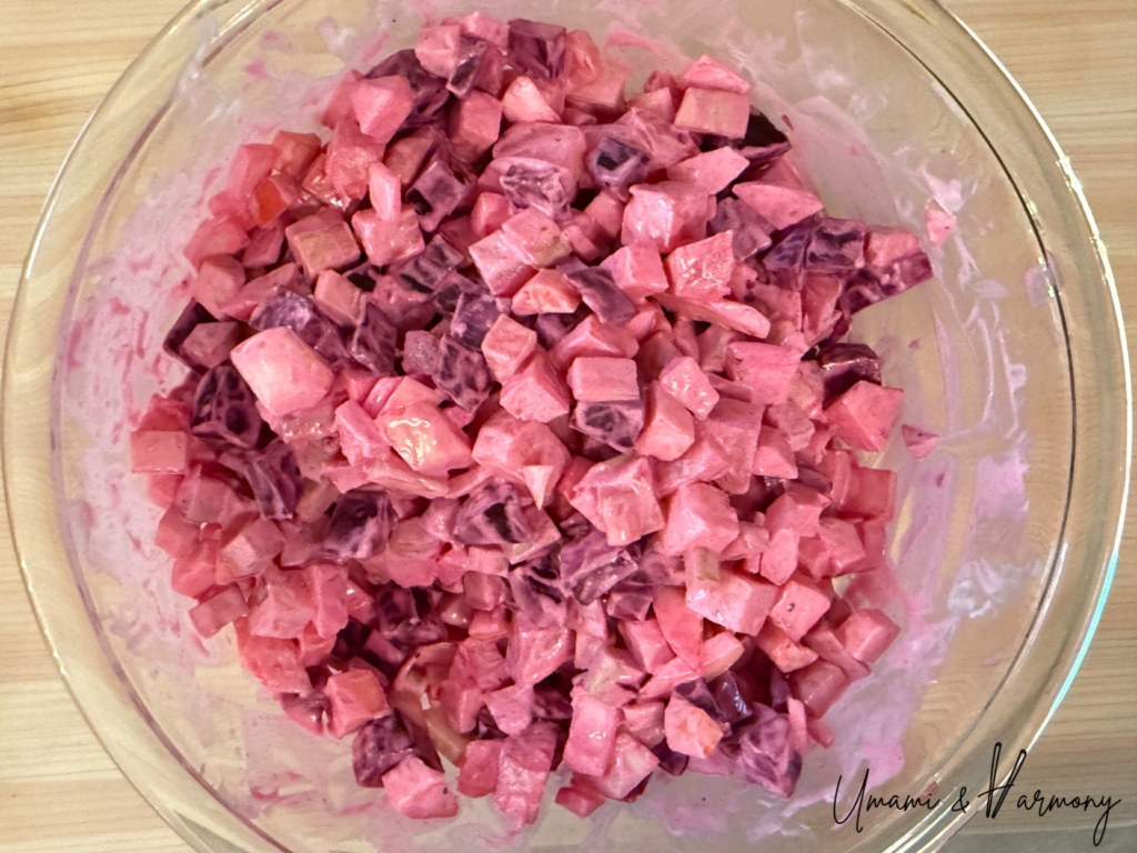 Freshly mixed beet salad in a bowl
