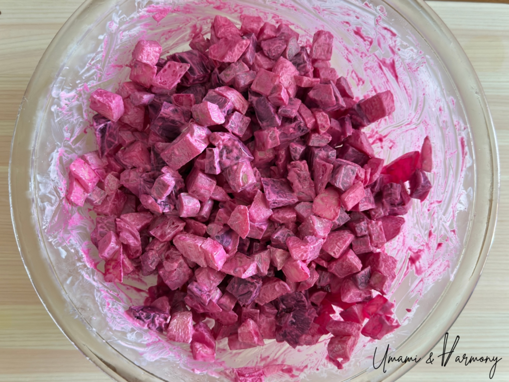 Beet salad after chilling in the fridge with a bright magenta color