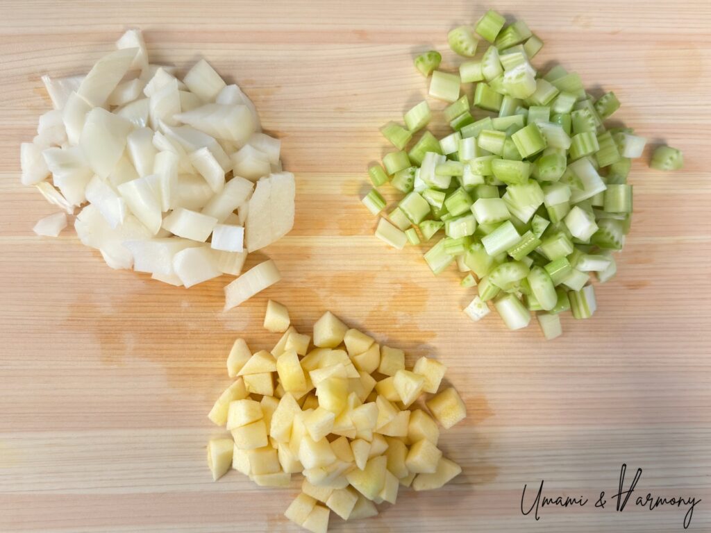 Chopped onion, celery, and apple cut into small cubes