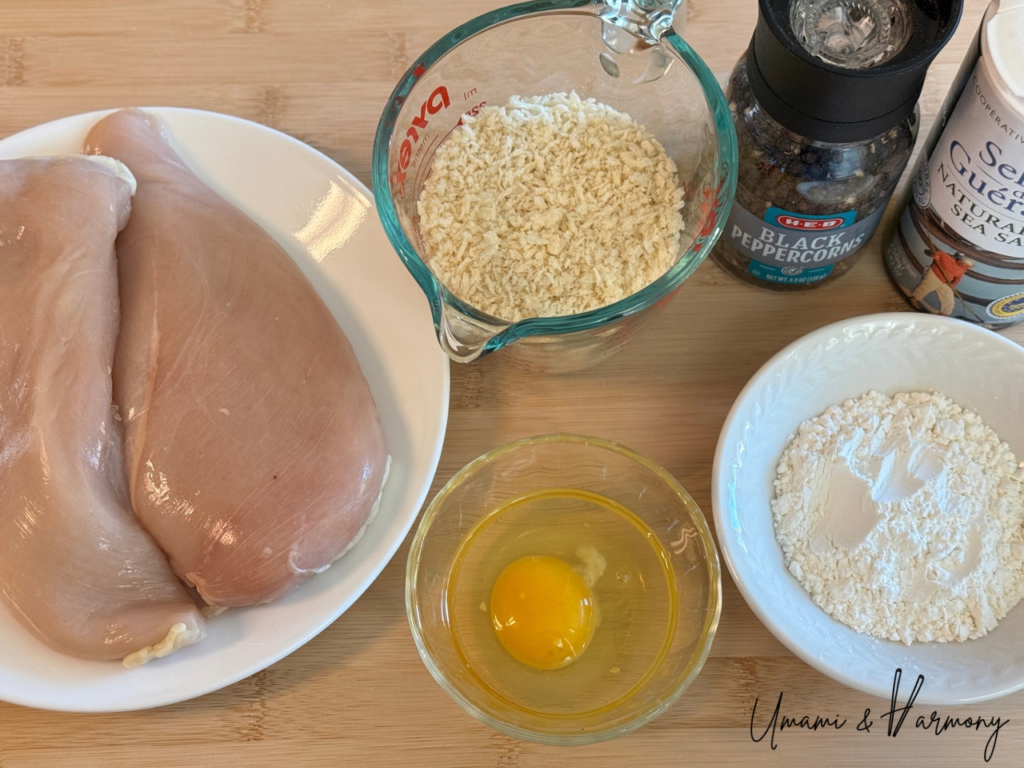 Ingredients for Chicken Katsu: chicken breast, egg, flour, panko, salt and pepper