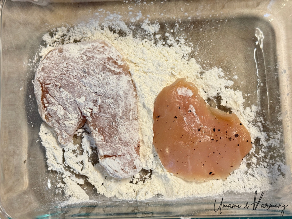 Chicken slices dredged in flour