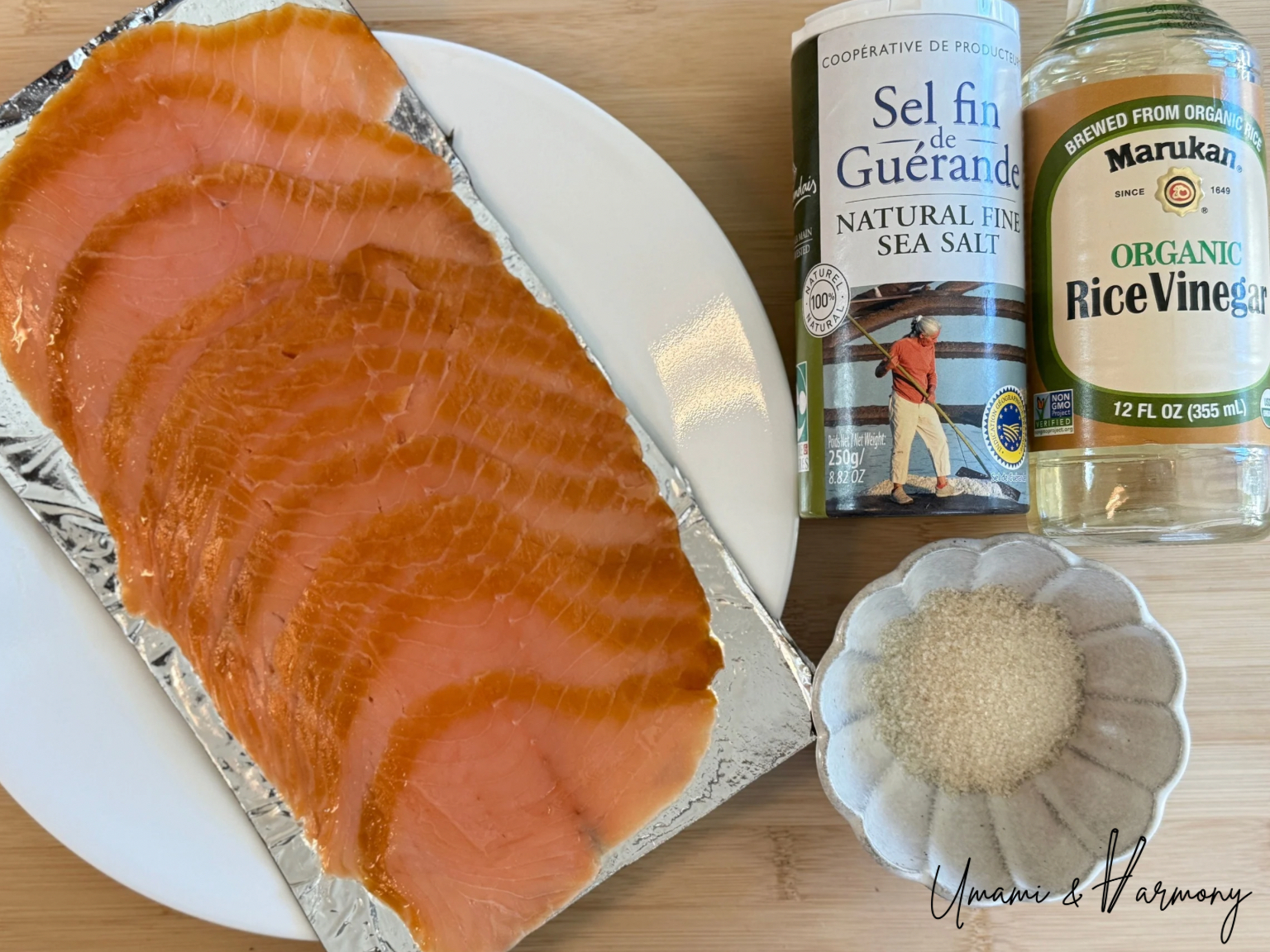 Ingredients for Pressed Smoked Salmon Sushi: smoked salmon, sea salt, rice vinegar, and sugar