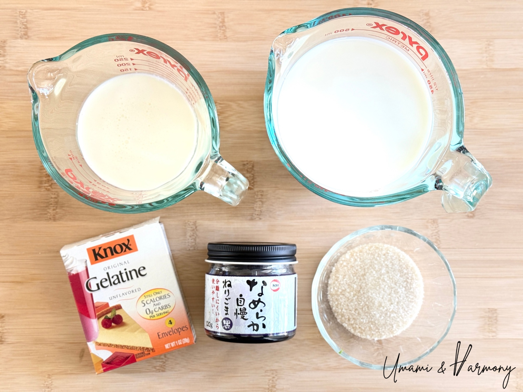 Ingredients of Black Sesame Pudding, milk, heavy cream, sugar, black sesame paste and gelatin