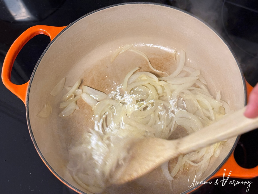Flour added to sautéed onions to make a roux