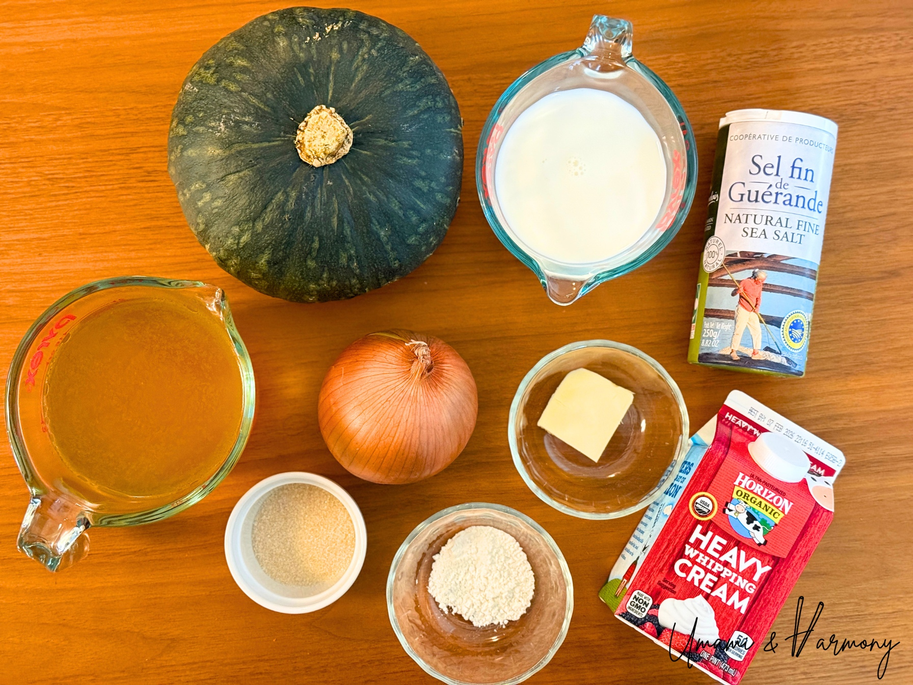 ngredients for kabocha squash soup including kabocha squash, onion, milk, heavy cream, butter, flour, salt, sugar and broth