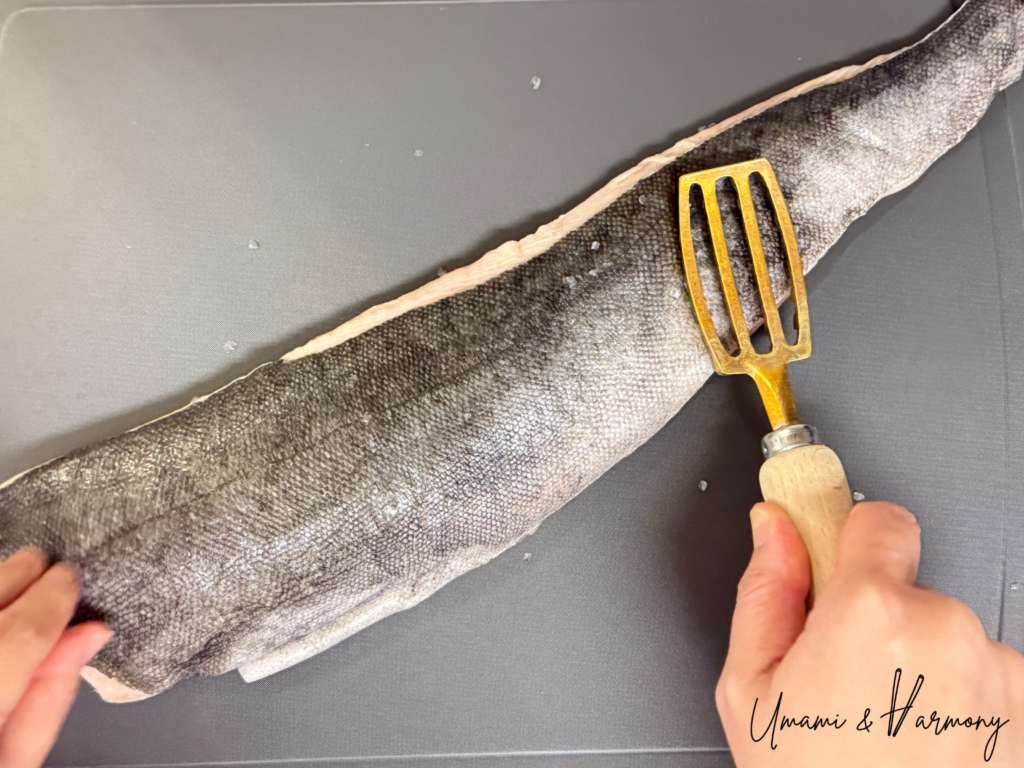 Removing scales from black cod using the fish scaler