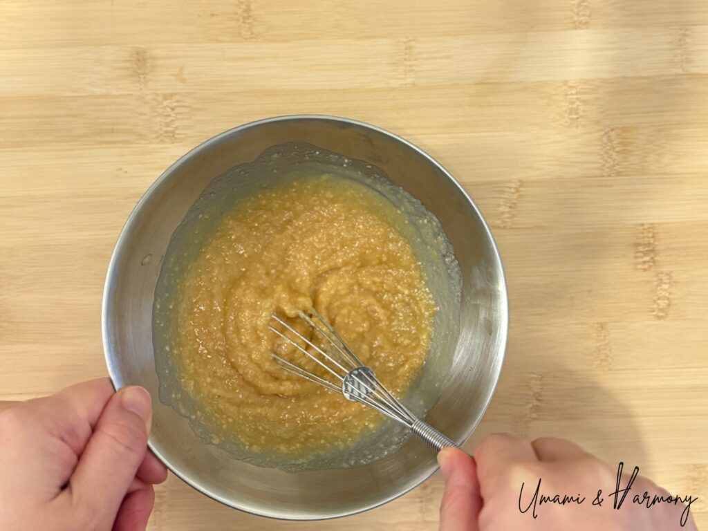 Miso, sake, mirin, and sugar mixed together in a bowl