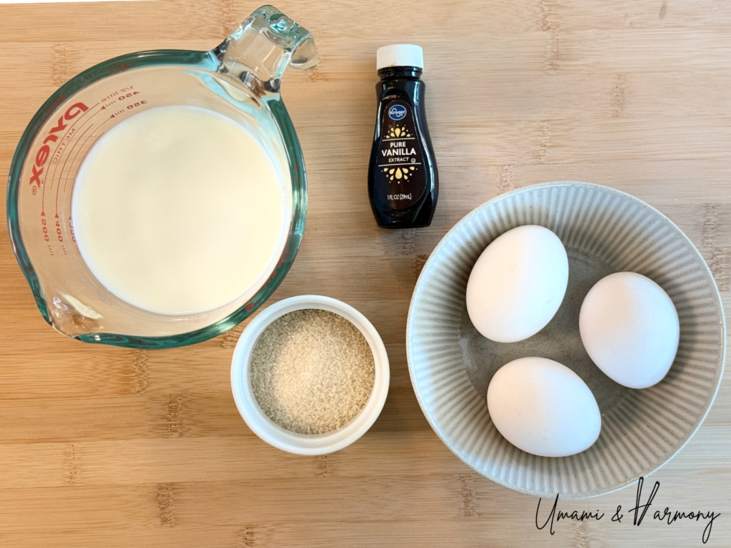 Ingredients for Japanese Purin including eggs, milk, sugar, and vanilla extract