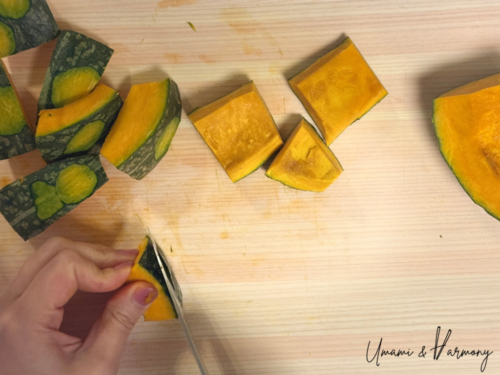 Trimming thick or damaged skin from Kabocha pieces