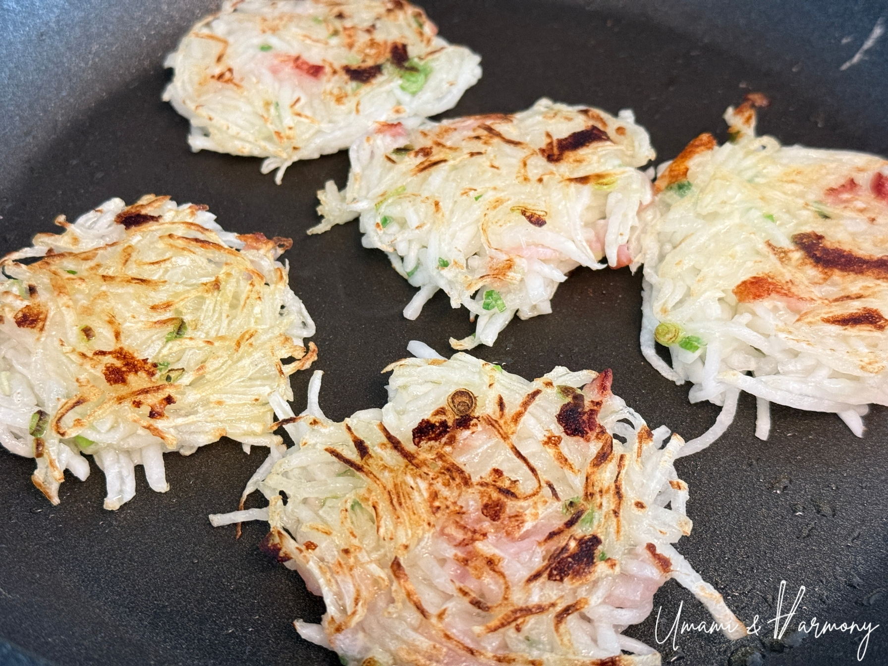 Close-up of golden, crispy surface of daikon mochi