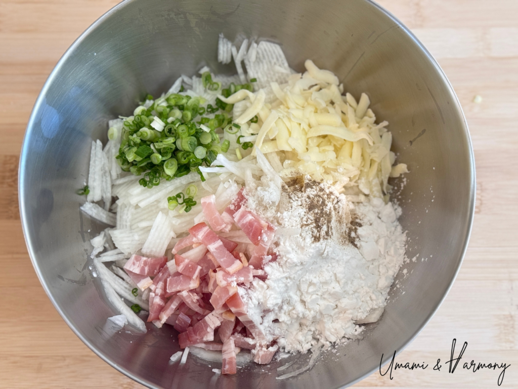 All daikon mochi ingredients in a mixing bowl