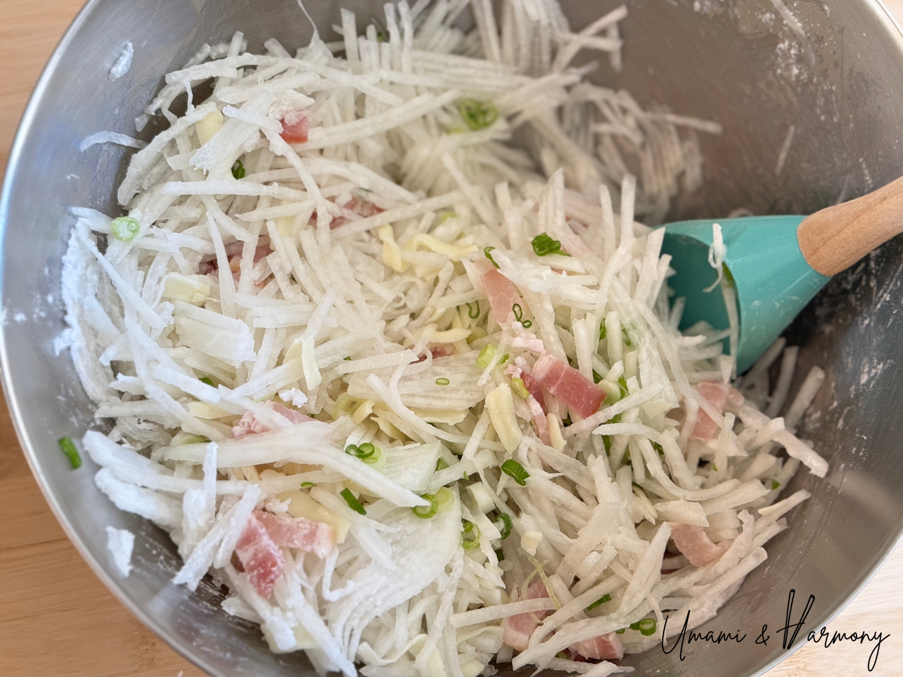 Daikon mochi ingredients mixed together in a bowl