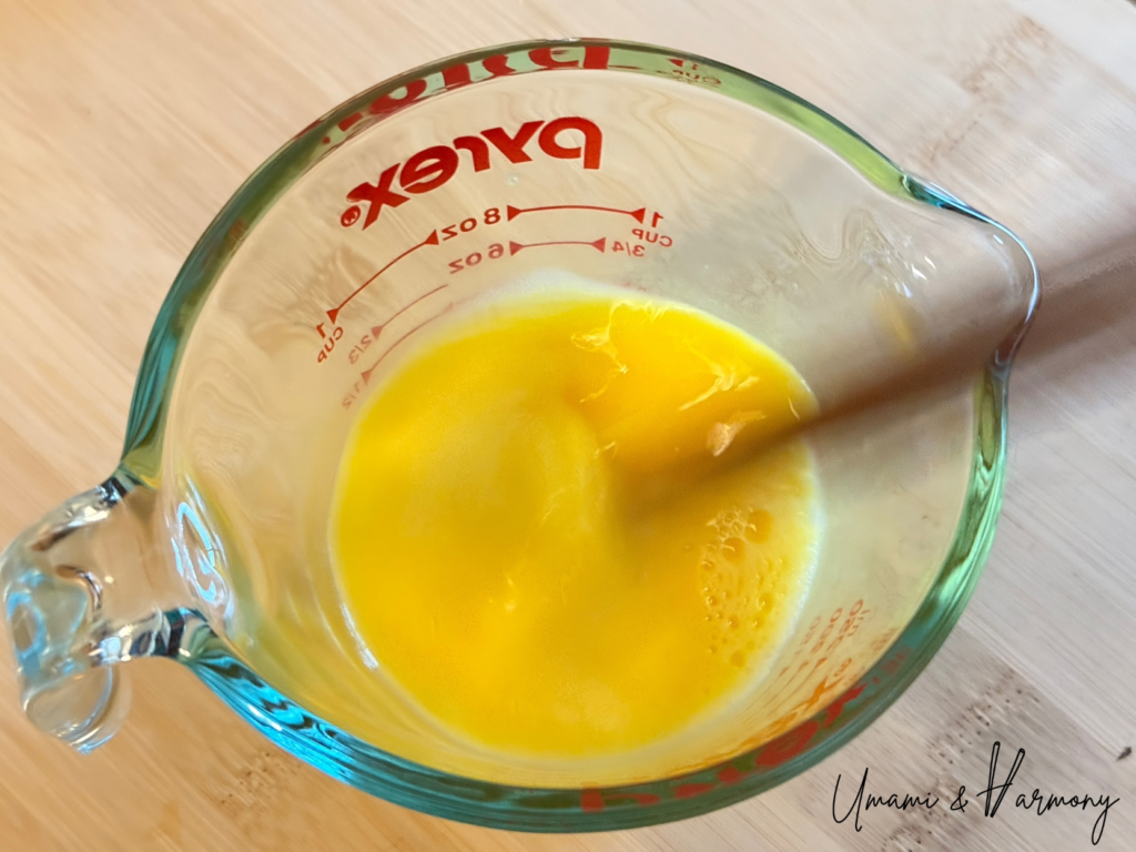 Beaten eggs ready to be poured into hot dashi soup