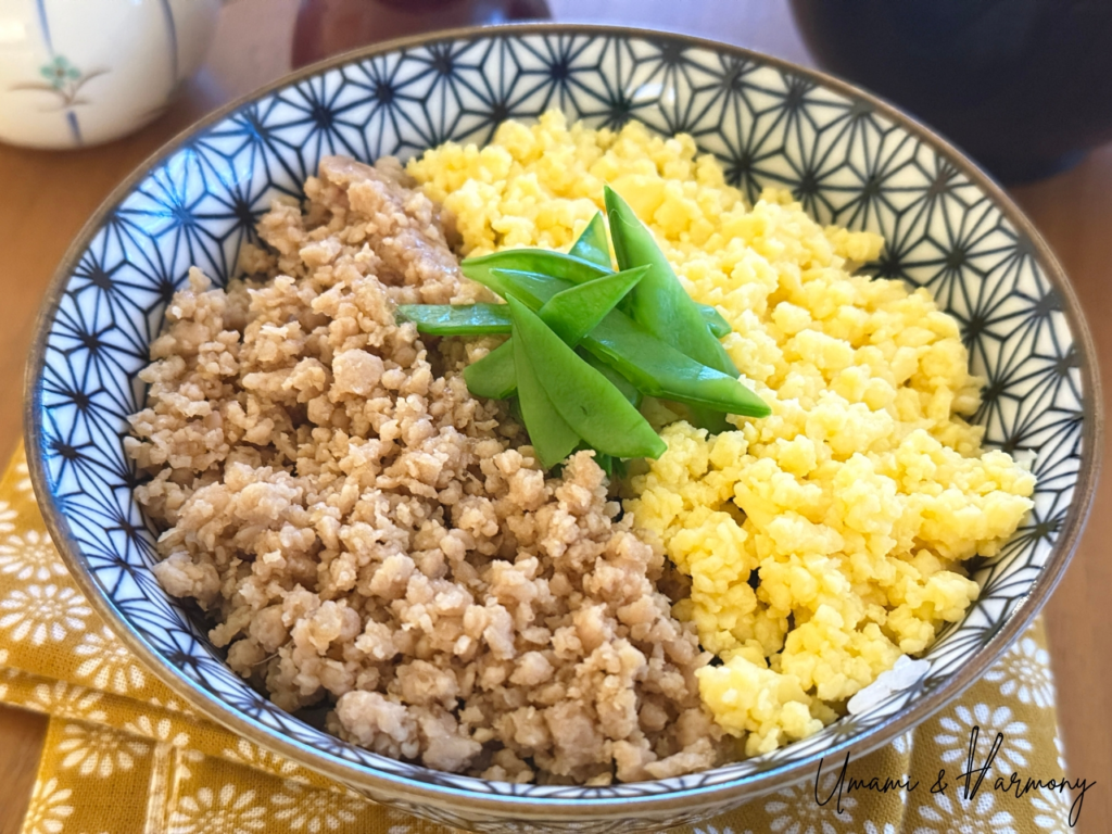 Soboro Don finished with chopped snow peas in the center