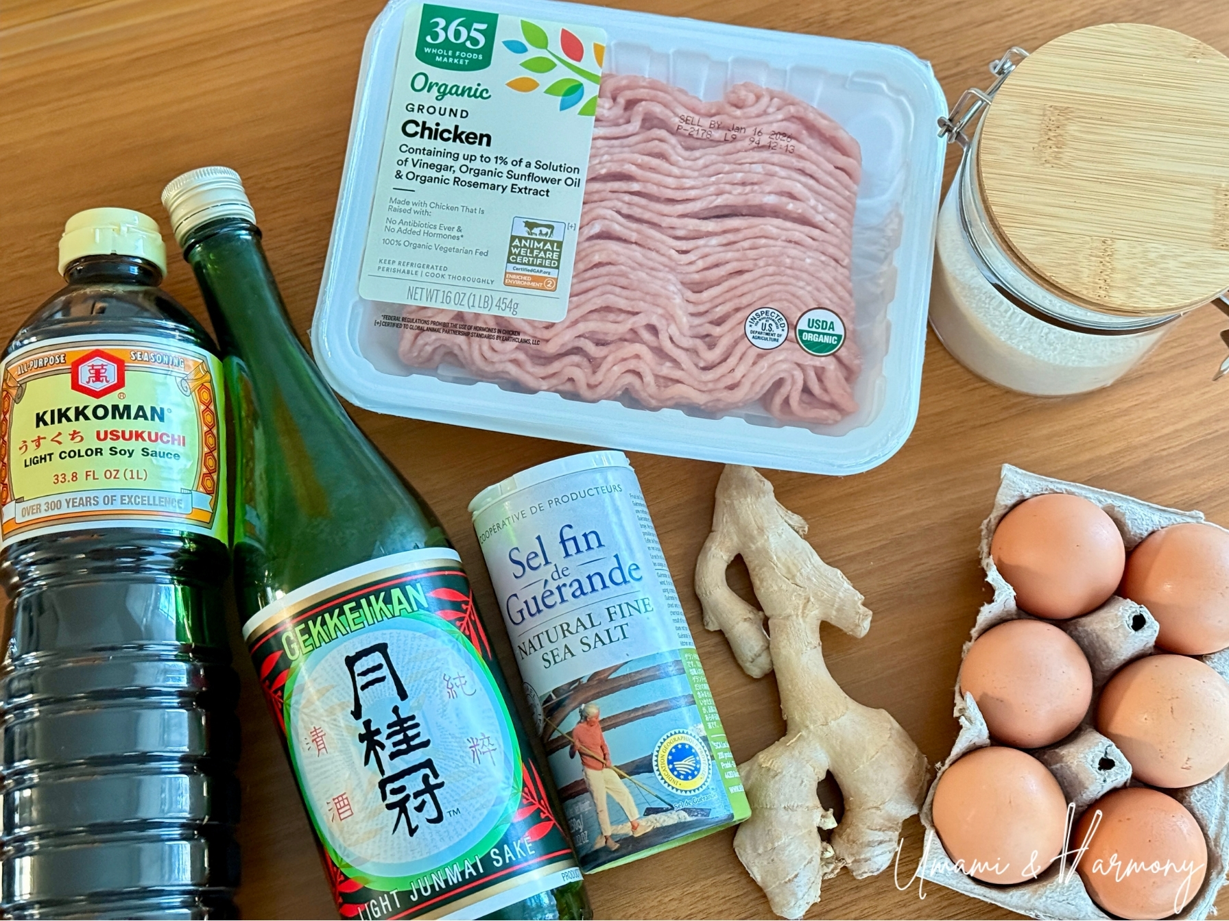 Ingredients for Soboro Don including ground chicken, eggs, soy sauce, sugar, sake, sea salt and ginger