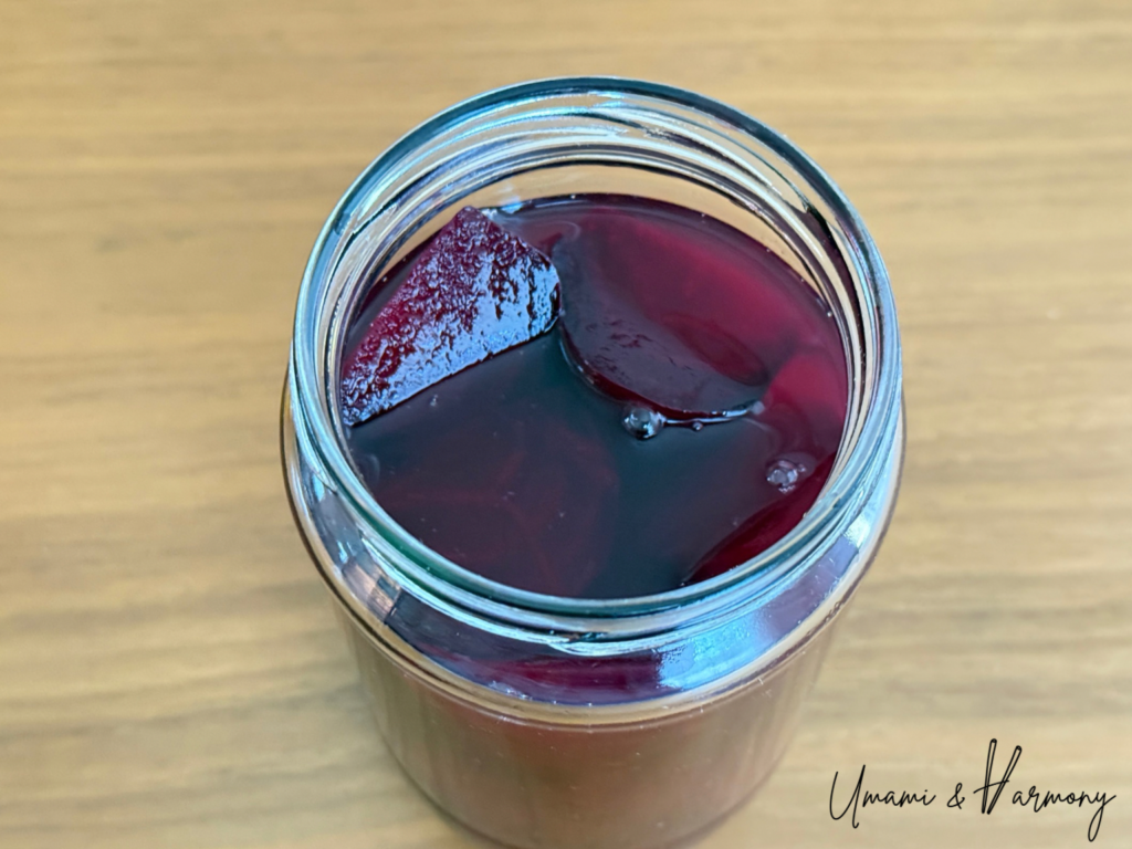 Easy pickled beets with sushi vinegar in a glass container