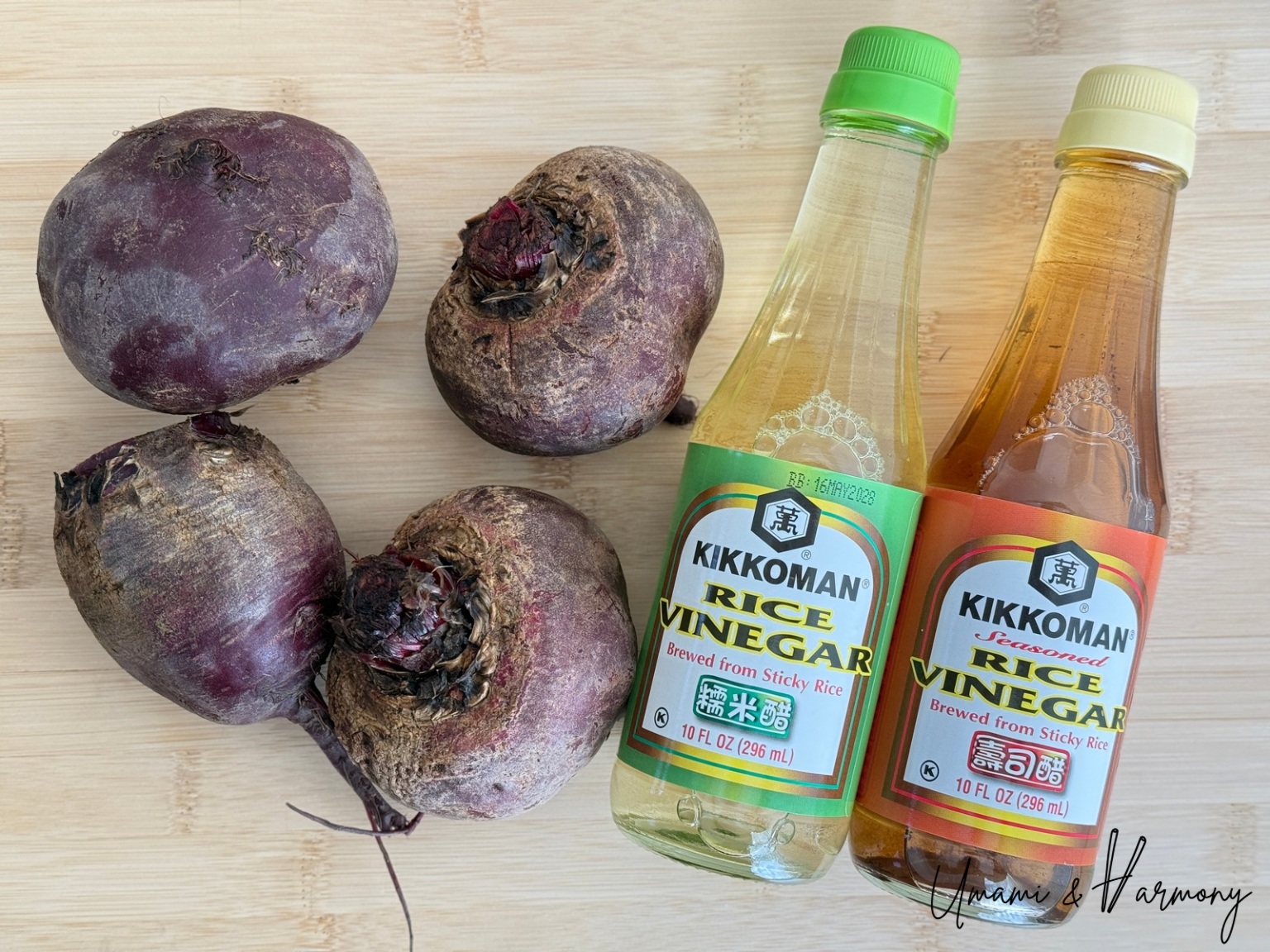 Pickled beets ingredients including red beets, rice vinegar and sushi seasoned vinegar 