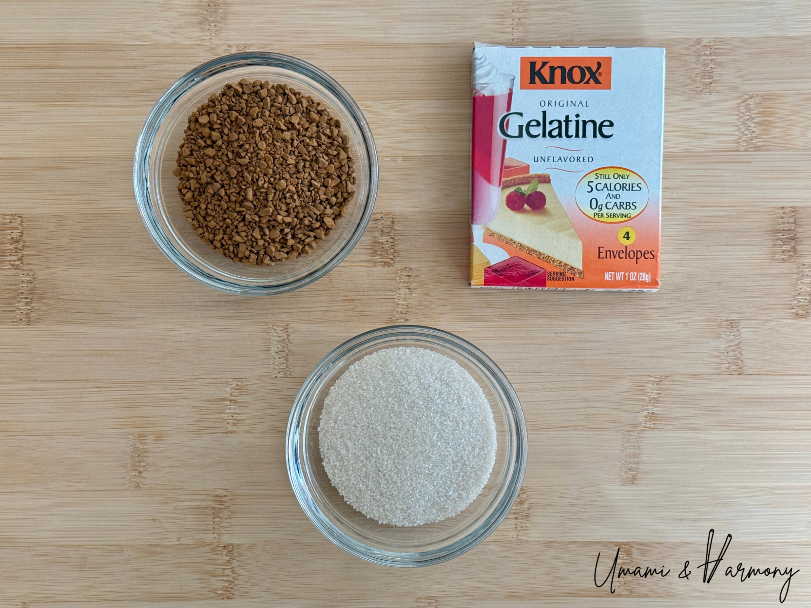 Ingredients for coffee jelly including instant coffee, sugar and gelatin