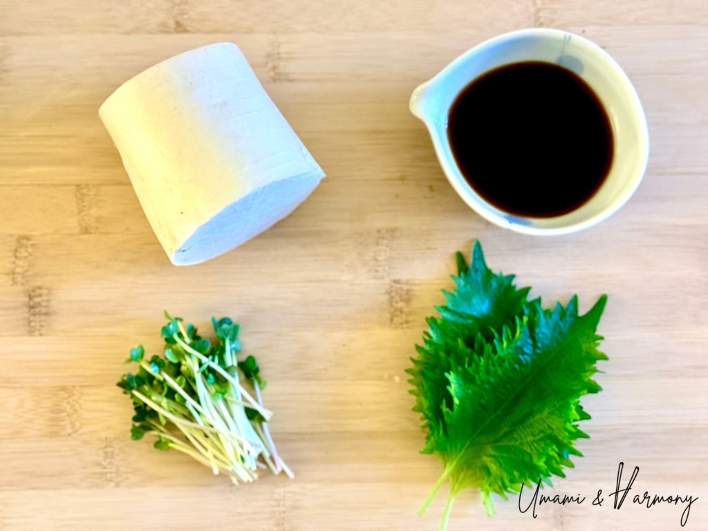 Daikon radish, ponzu sauce, radish sprouts, and shiso leaves for oroshi hamburg steak
