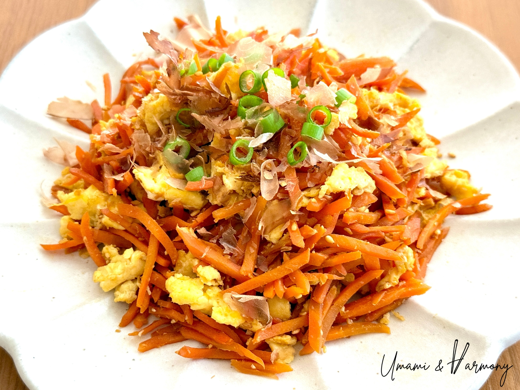 Ninjin shirishiri, Okinawan carrot stir-fry with egg, sesame seeds, bonito flakes, and green onion